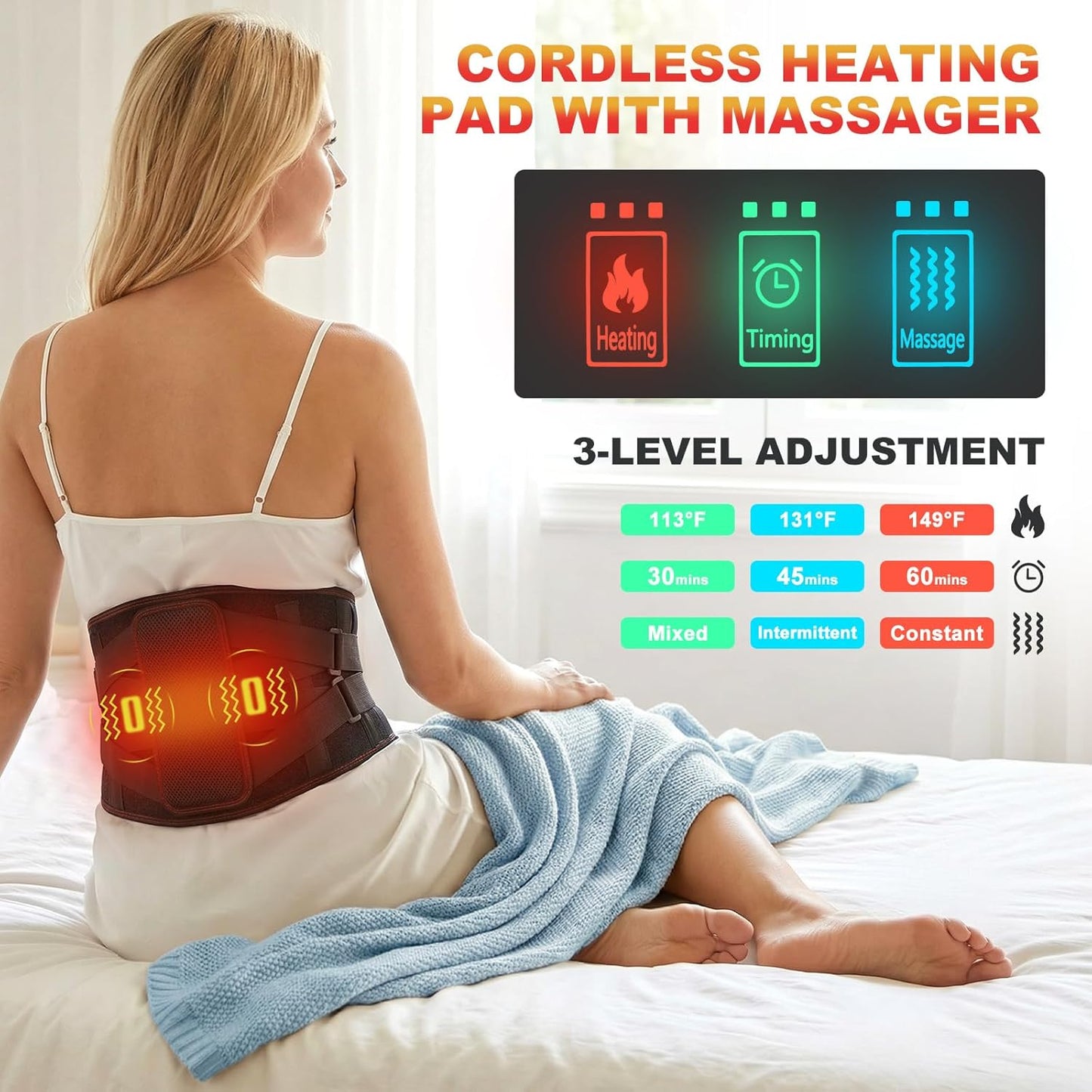 Cordless Heating Pad with Massager for Back Pain Relief